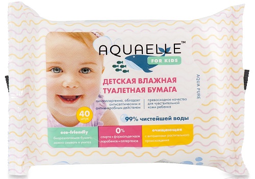 Влажная туалетная бумага детская, Aquaelle, 40 шт