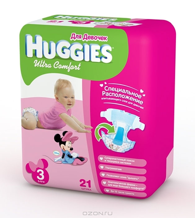 Подгузники №3 для девочек, 5-9 кг, Huggies Ultra Comfort, 21 шт