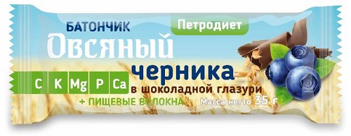 Батончик овсяный черничный в шоколадной глазури, Петродиет, 35 гр