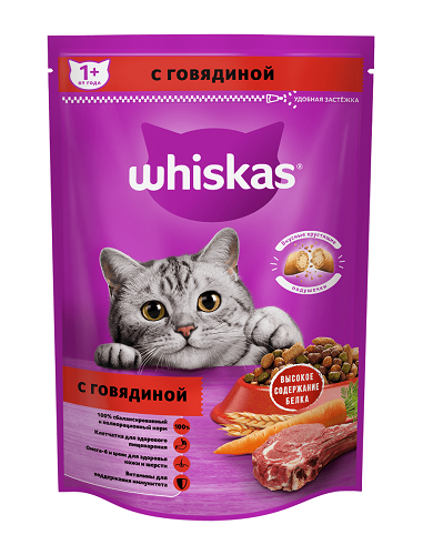 Вкусные подушечки для кошек с нежным паштетом с говядиной, Whiskas, 350 гр
