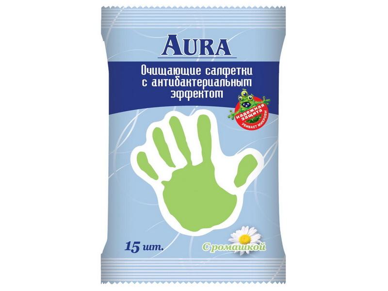 Салфетки влажные антибактериальные с ромашкой (рука), Aura, 15 шт
