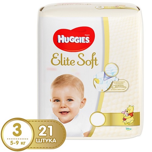 Подгузники №3 5-9 кг, Huggies Elite Soft, 21 шт