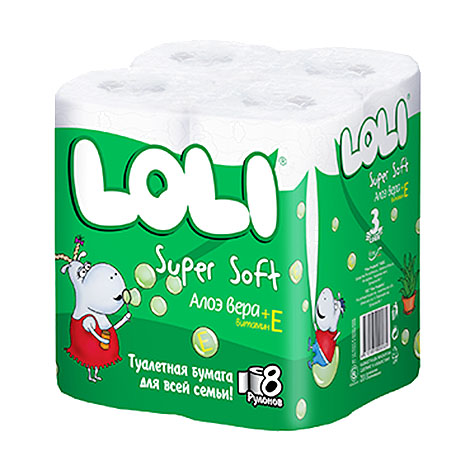 Туалетная бумага Super Soft Алоэ Вера + витамин Е 3-х сл., Loli, 8 рулонов