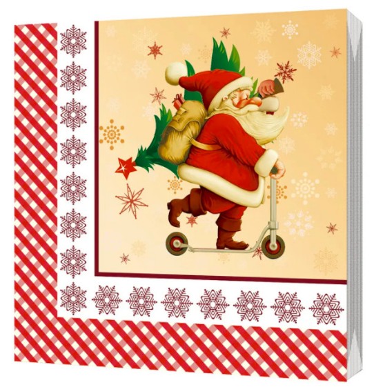 Салфетки бумажные новогодние Дед Мороз на самокате 33х33 см. 3-х сл., Bulgaree green, 20 шт