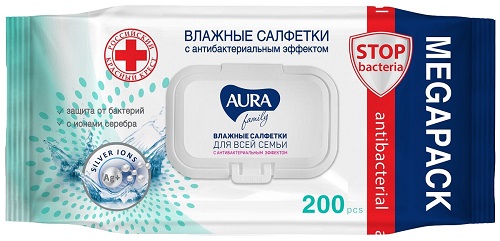 Салфетки влажные для всей семьи с антибактериальным эффектом, Aura Family, 200 шт.