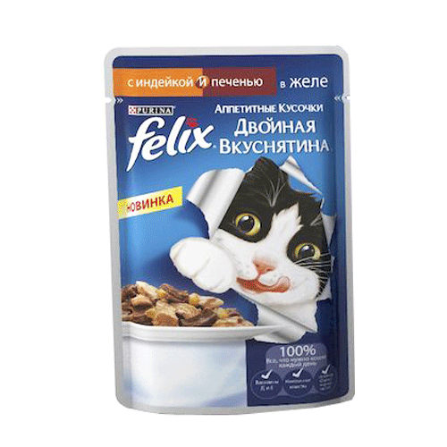 Корм для кошек с индейкой и печенью в желе Двойная вкуснятина, Felix, 85 гр.