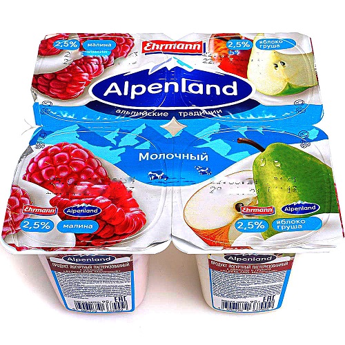 Йогурт молочный Малина, Яблоко-груша 2,5%, Alpenland, 95 гр