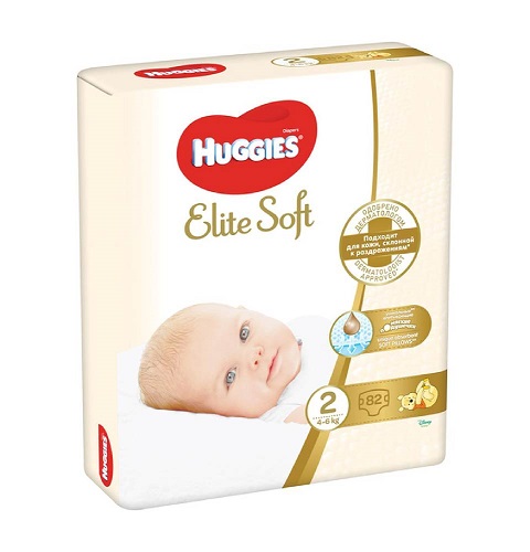 Подгузники для новорожденных №2 4-6 кг, Huggies Elite Soft, 82 шт