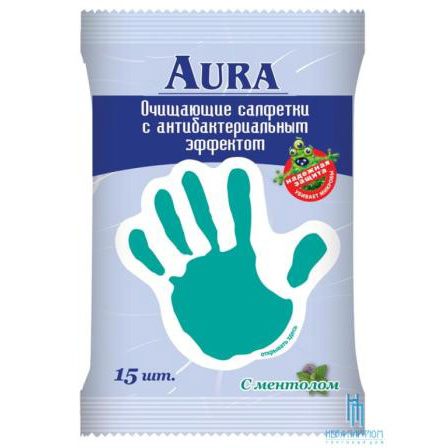 Влажные салфетки антибактериальные Ментол (рука), Aura, 15 шт
