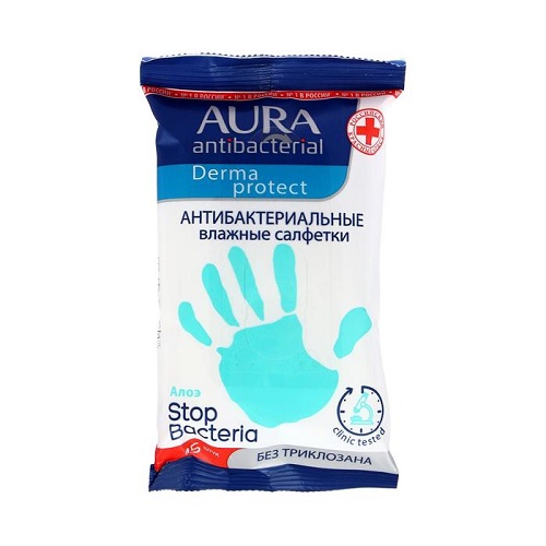 Салфетки влажные антибактериальные с ромашкой (рука), Aura, 15 шт (Промо набор 3+1)