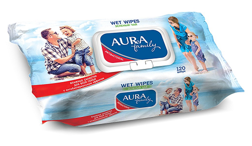 Влажные салфетки антибактериальные для всей семьи (с клапаном), Aura Family, 120 шт