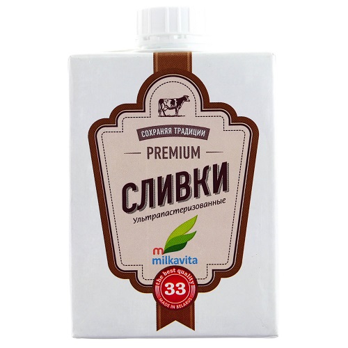 Сливки 33%, Milkavita, 500 мл. (Беларусь)