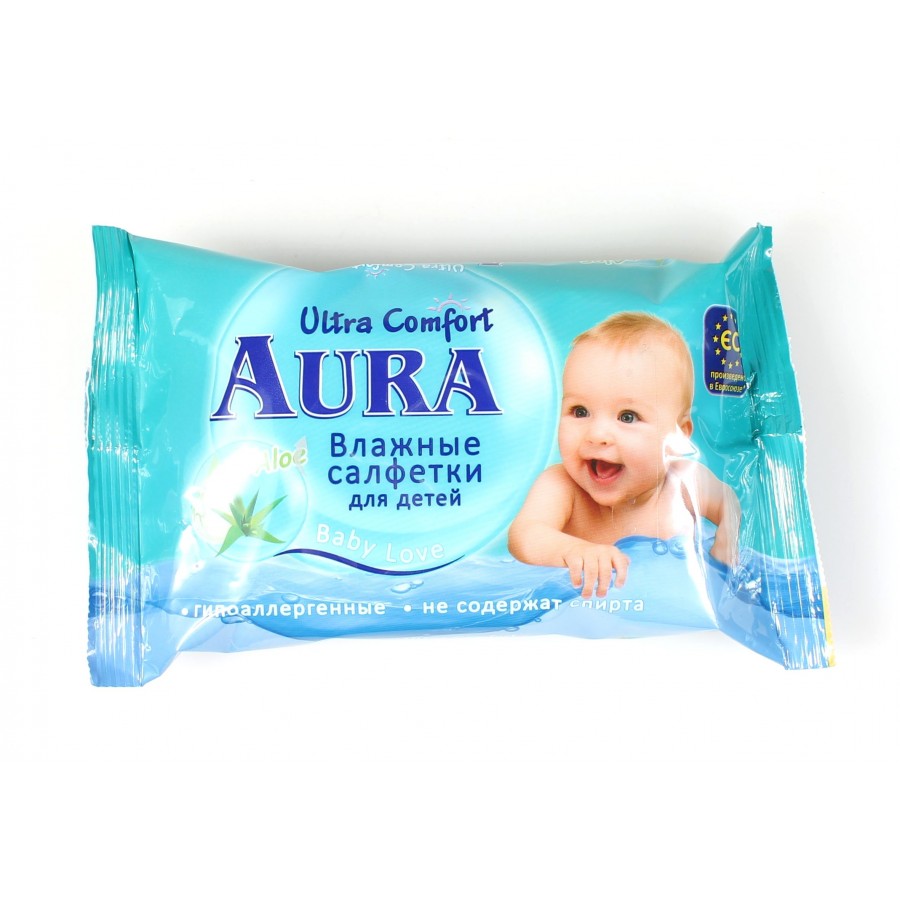 Салфетки влажные для детей с витамином Е и Алоэ 0+, Aura Ultra Comfort, 60 шт