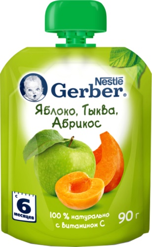 Пюре Яблоко, тыква, абрикос для детей с 6 месяцев, Gerber, 90 гр.