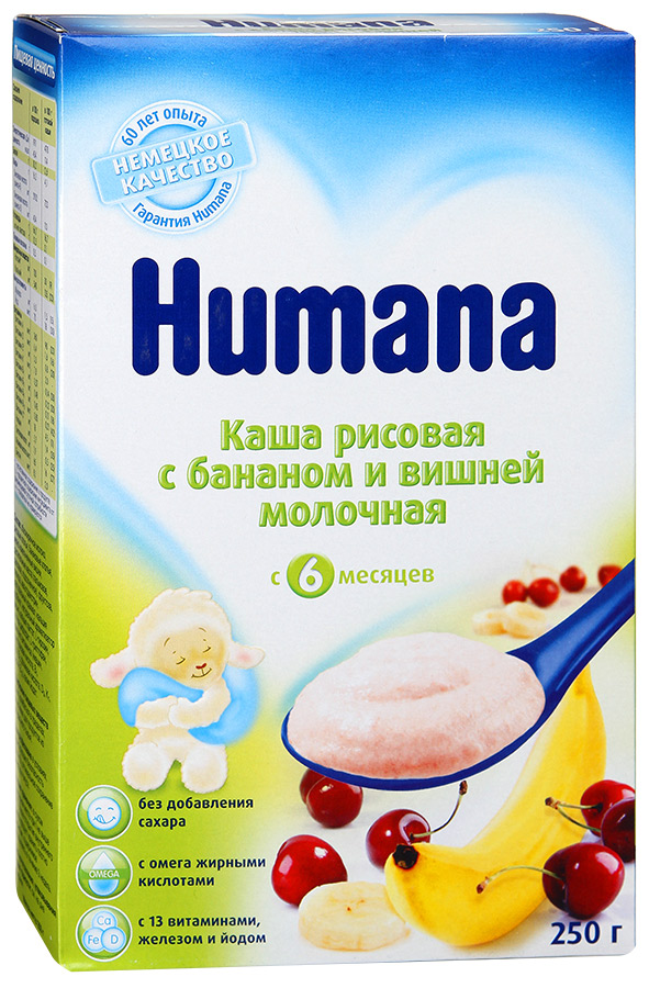 Humana Каша молочная рисовая с бананом и вишней с 6 месяцев, 250 гр
