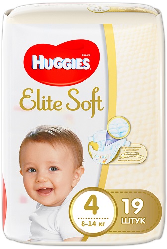 Подгузники №4 8-14 кг, Huggies Elite Soft, 19 шт