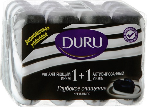 Крем-мыло туалетное Увлажняющий крем + Активированный уголь, Duru, 4 х 90 гр