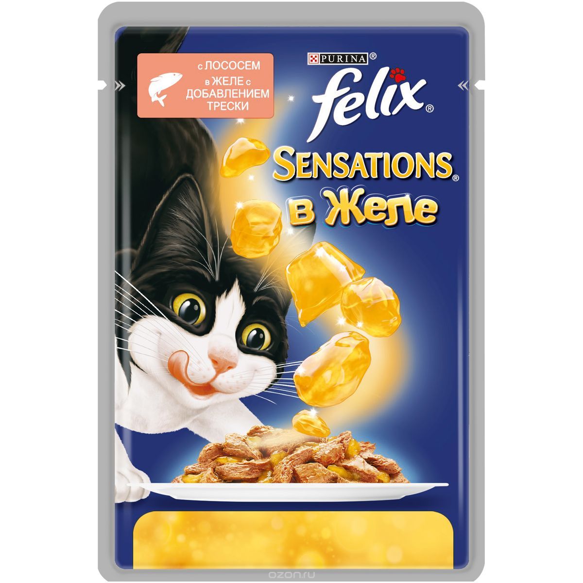 Корм для кошек с лососем в желе с добавлением трески, Felix Sensations, 85 гр.