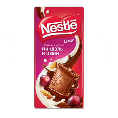 Шоколад нежный молочный Миндаль и изюм, Nestle, 82 гр
