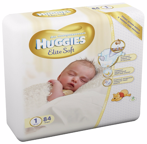 Подгузники для новорожденных №1 до 5 кг, Huggies Elite Soft, 84 шт