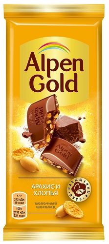 Шоколад молочный Арахис и кукурузные хлопья, Alpen Gold, 85 гр.
