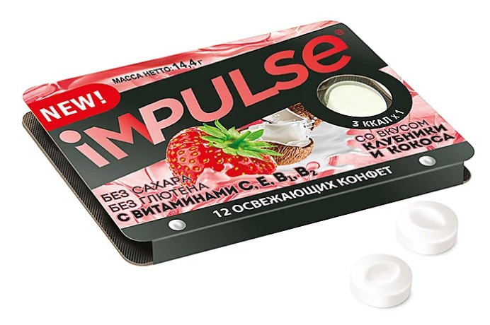 Конфеты освежающие со вкусом клубники и кокоса Impulse, Яшкино, 12 шт (14,4 гр)