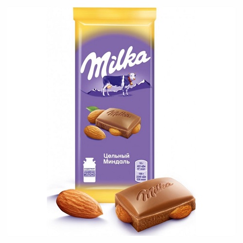 Шоколад молочный с цельным миндалем, Milka, 85 гр