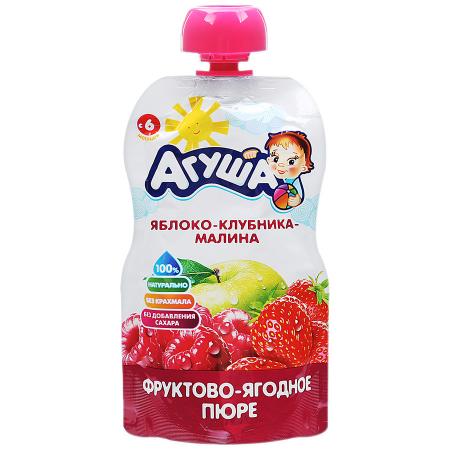 Пюре фруктово-ягодное Яблоко - Клубника - Малина 6м+, Агуша, 90 гр.