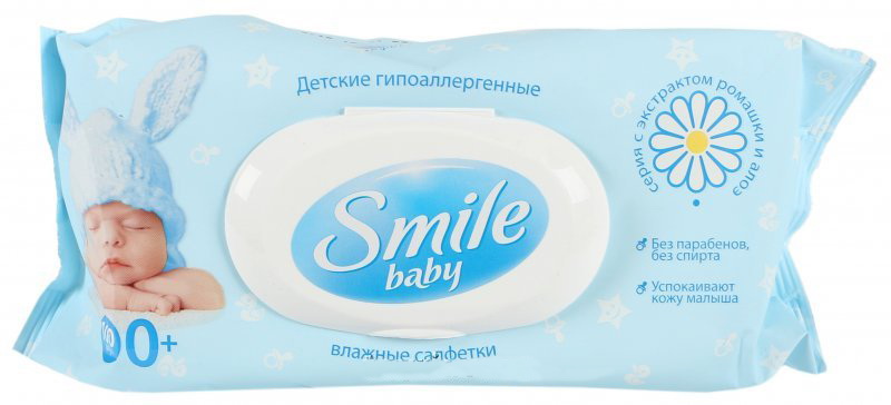 Салфетки влажные детские с экстрактом ромашки и алоэ (с клапаном), Smile Baby, 100 шт