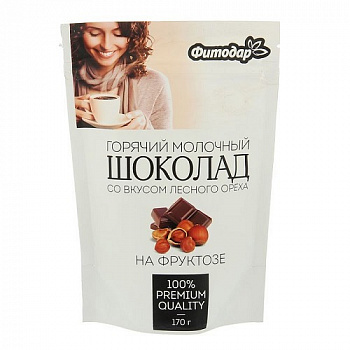 Шоколад горячий молочный на фруктозе со вкусом лесного ореха, Фитодар, 170 гр.
