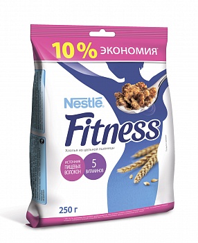 Завтрак готовый Хлопья из цельной пшеницы 5 витаминов (пакет), Nestle Fitness, 250 гр