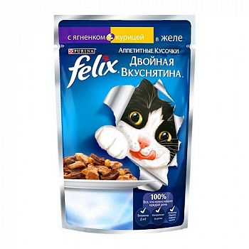 Корм для кошек с ягненком и курицей в желе Двойная вкуснятина, Felix, 85 гр.