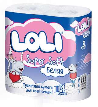 Туалетная бумага белая Super Soft 3-х сл., Loli, 4 рулона