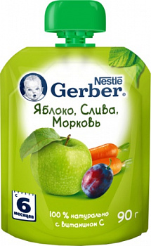 Пюре Яблоко, слива, морковь для детей с 6 месяцев, Gerber, 90 гр.