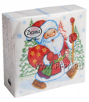Салфетки бумажные Новогодние Дед Мороз с красным мешком 25х25 см, Desna, 40 шт 