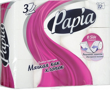 Туалетная бумага белая, трехслойная, Papia, 12+4 рулона