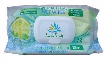 Салфетки влажные антибактериальные с ароматом Лайма (с клапаном), Luna Fresh, 72 шт 