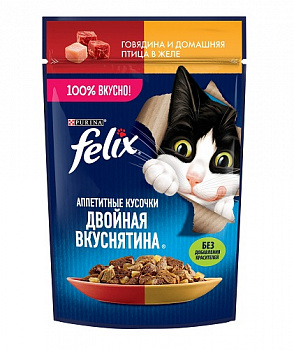 Корм для кошек с говядиной и домашней птицей в желе Двойная вкуснятина, Felix, 75 гр.