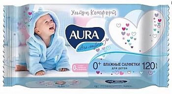 Салфетки влажные для детей с витамином Е и Алоэ 0+ лет, Aura Ultra Comfort, 120 шт