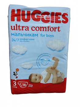 Подгузники №3 5-9 кг для Мальчиков, Huggies Ultra Comfort, 78 шт