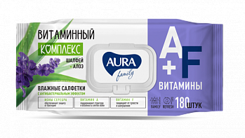 Влажные салфетки антибактериальные Витаминный комплекс (с клапаном), Aura Family, 180 шт