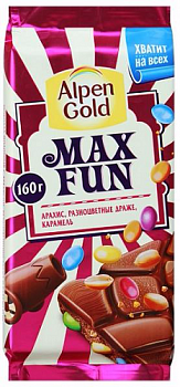 Шоколад молочный с арахисом, разноцветными драже и карамелью, Alpen Gold Max Fun, 160 гр.