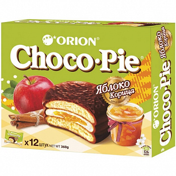 Печенье с зефирной прослойкой в шоколадной глазури Яблоко-Корица, Choco Pie, 12 х 30 гр.
