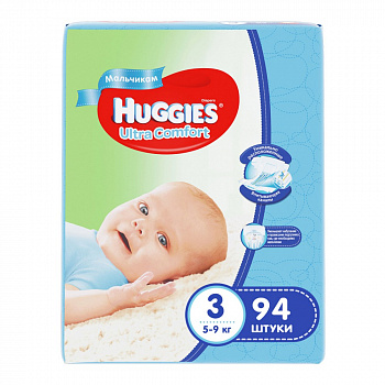 Подгузники Giga-упаковка №3 для мальчиков, 94 шт, 5-9 кг, Huggies Ultra Comfort