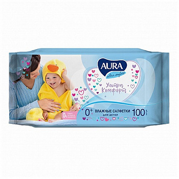 Салфетки влажные для детей с витамином Е и Алоэ 0+ лет, Aura Ultra Comfort, 100 шт