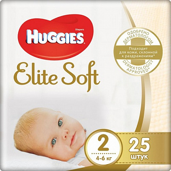Подгузники для новорожденных №2 4-6 кг, Huggies Elite Soft, 25 шт