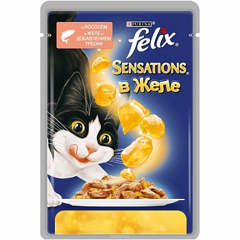 Корм для кошек с лососем в желе с добавлением трески, Felix Sensations, 85 гр.