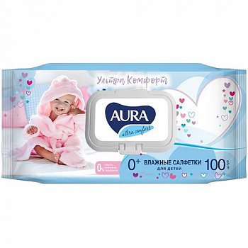 Салфетки влажные для детей с витамином Е и Алоэ 0+ лет, с крышкой, Aura Ultra Comfort, 100 шт