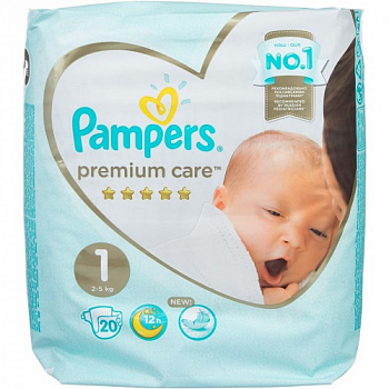 Подгузники для новорожденных №1 2-5 кг, Pampers Premium Care, 20 шт