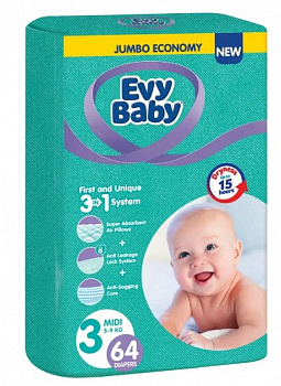 Подгузники 3 (3-9 кг), Evy Baby, 64 шт